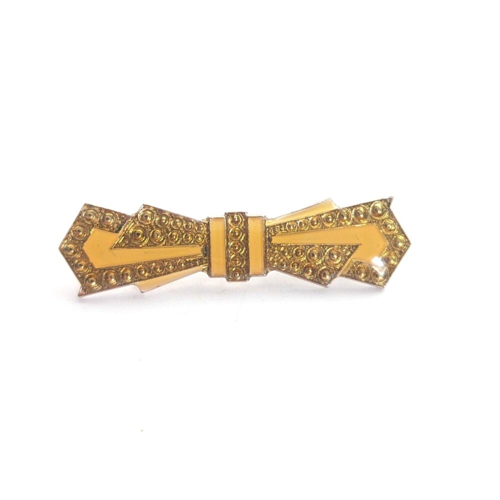 Vintage Art Deco Enamel Resin Gold Tone Bow Geometric Bar Brooch